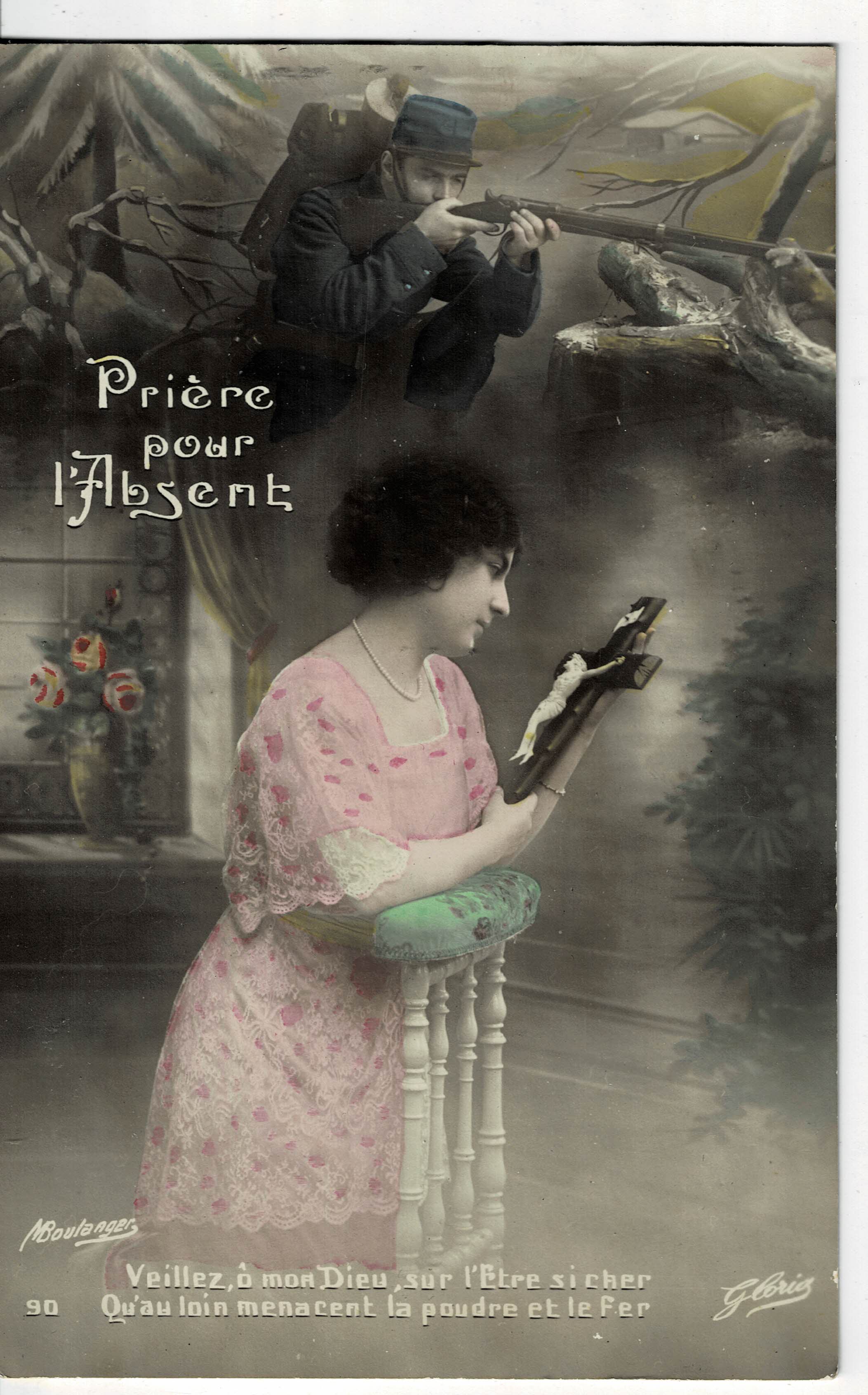 POSTAL ROMANTICA MUJER CON CRUCIFIJO.