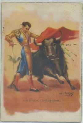 POSTAL TAURINA. PASE DE PECHO CON LA IZQUIERDA. OLEOS DE J. CROS