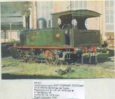POSTAL DE TRENES Nº 627. LOC. VAPOR 020T. -CORONEL ESTEBAN- CONS. M.T.M. EN 1910