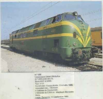 POSTAL DE TRENES Nº 398. LOC. DIESEL HIDRAULICA Nº 4001. TIPO B B. KRAUS MAFFEI 1966