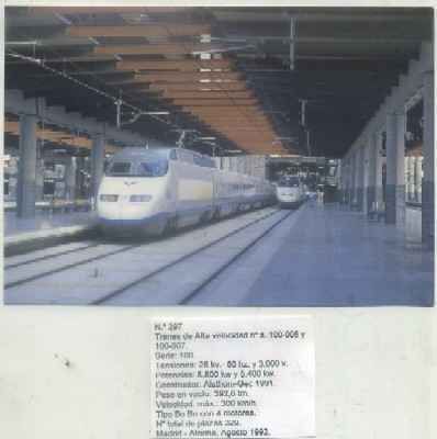 POSTAL DE TRENES Nº 397. TRENES DE ALTA VELOCICAD Nº D 100-005 Y 100-007. ALSTHOM 1991