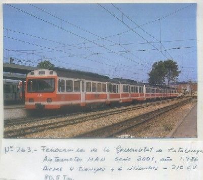 POSTAL DE TRENES. Nº 263. FF.CC. DE LA GENERALITAT. AUTOMOTOR MAN.  SERIE 3001. AÑO 1986