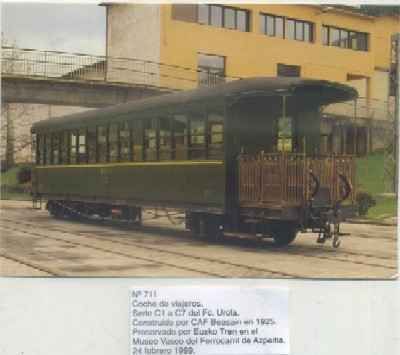 POSTAL DE TRENES Nº 711. COCHE DE VIAJEROS. SERIE C1 A C7 DEL FC UROLA. AZPEITIA 1999