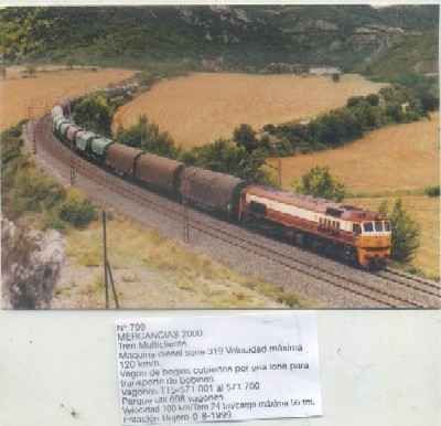 POSTAL DE TRENES Nº 799. MERCANCIAS 2000. TREN MULTICLIENTE. ESTACION DE BUJERO AÑO 1999