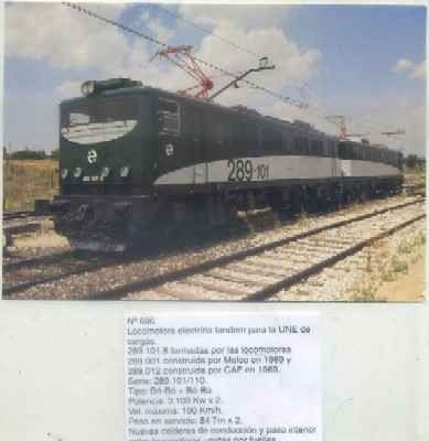 POSTAL DE TRENES Nº 696. LOC. ELECT. TANDEM PARA LA UNE DE CARGAS. 289.101.8. TIPO BÓ-BÓ