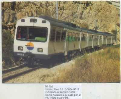 POSTAL DE TRENES Nº 755. UNIDAD MAN 3012-3004-3013. LINEA DENIA-ALICANTE 1999