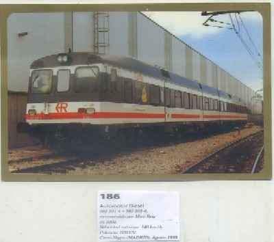 POSTAL DE TRENES Nº 186. AUTOMOTOR DIESEL 592-201-4. RECONST. POR MIRO REIG EN 1992