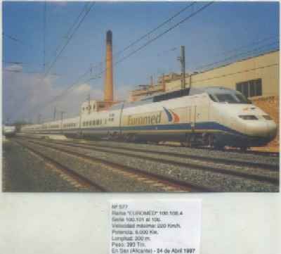POSTAL DE TRENES Nº 577. RAMA EUROMED 100.106.4. ESTACION DE SAX. ALICANTE. AÑO 1997