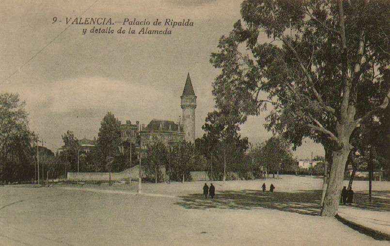 POSTAL ANTIGUA DE VALENCIA. Nº 9. PALACIO DE RIPALDA Y DETALLE DE LA ALAMEDA.