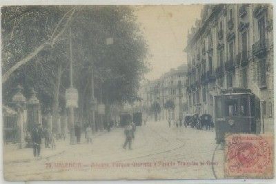 POSTAL ANTIGUA DE VALENCIA. ADUANA. PARQUE GLORIENTA Y PARADA TRANVIAS AL GRAO
