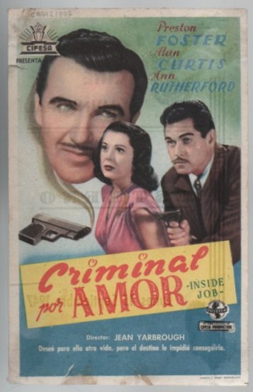 PROGRAMA DE CINE: CRIMINAL POR AMOR PUBLICIDAD CINE MUNICIPAL 1947 CADIZ