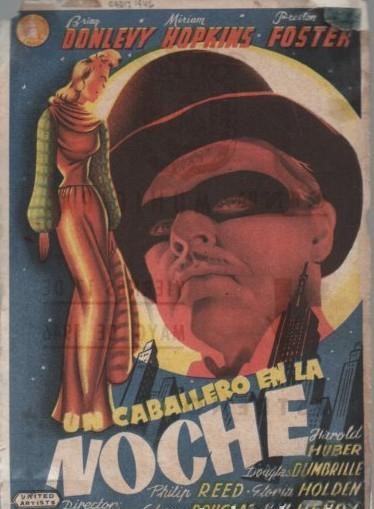 PROGRAMA DE CINE: UN CABALLERO EN LA NOCHE. PUBLICIDAD CINE MUNICIPAL CADIZ 1946