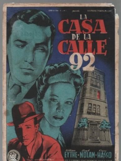 PROGRAMA DE CINE: LA CASA DE LA CALLE 92. PUBLICIDAD CINE MUNICIPAL CADIZ 1947