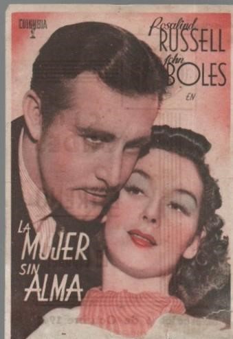 PROGRAMA DE CINE: LA MUJER SIN ALMA. PUBLICIDAD CINE GADES CADIZ 1945