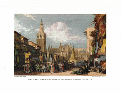 LITOGRAFIA (REPRODUCCION) SEVILLA, PLAZA REAL AND PROCESSION OF THE CORPUS CHRISTI AT SEVILLE.