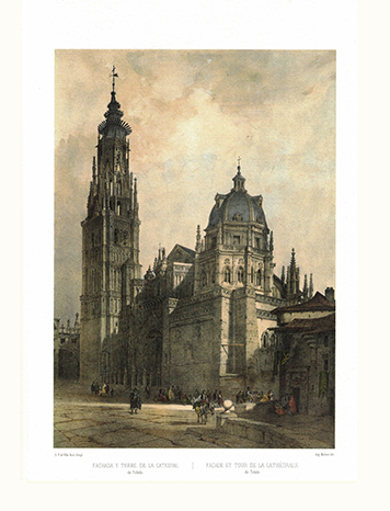 LITOGRAFIA (REPRODUCCION) FACHADA Y TORRE DE LA CATEDRAL DE TOLEDO. PEREZ VILLAMIL. REPLIT-124,4