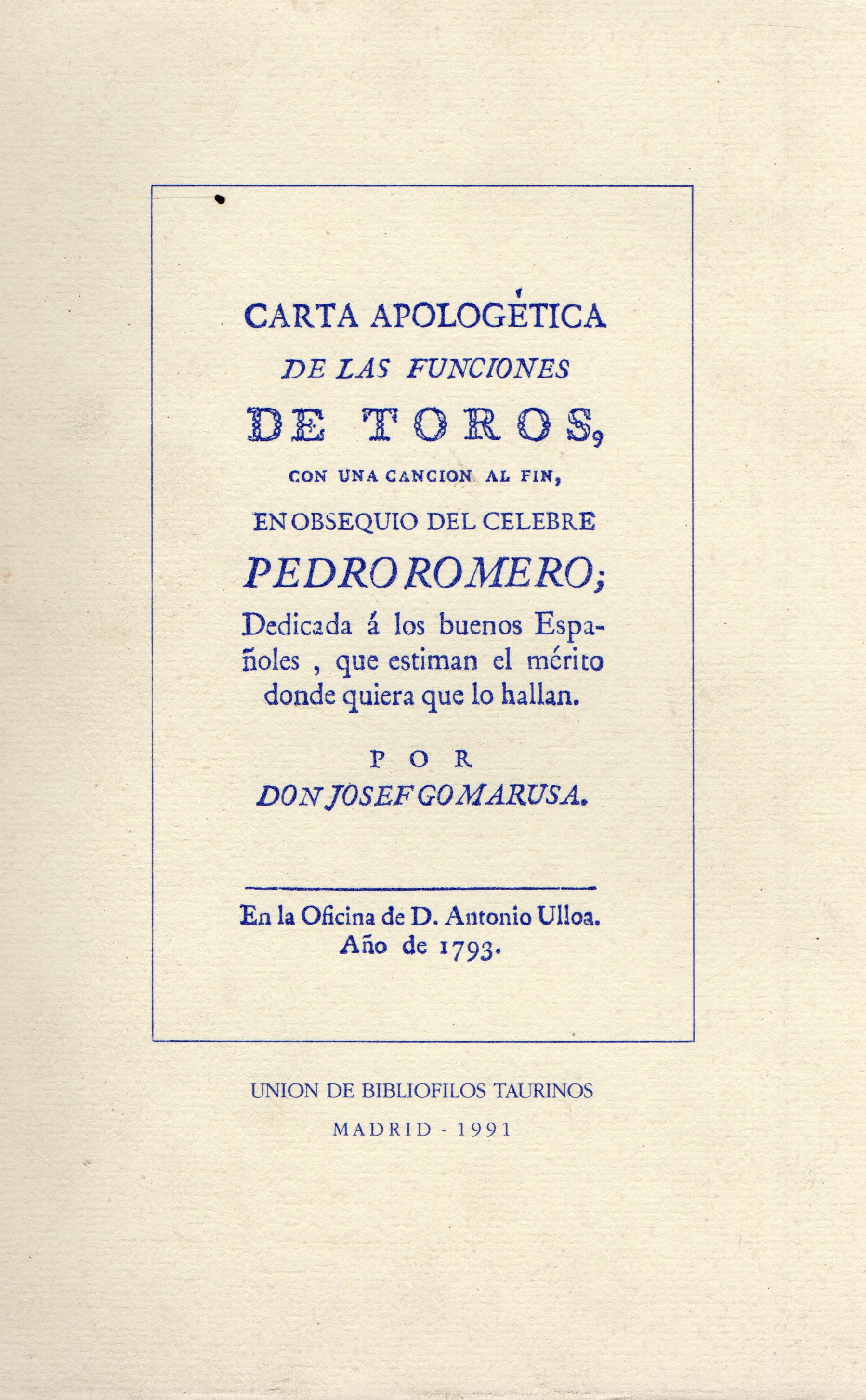 CARTA APOLOGETICA DE LAS FUNCIONES DE TOROS.